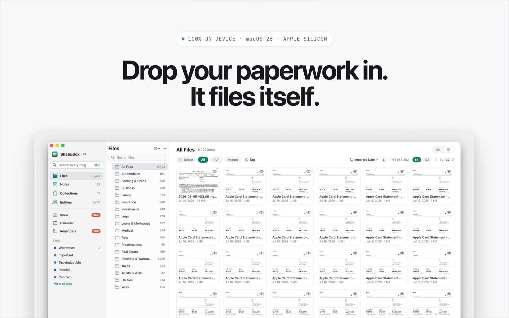 Drop your paperwork in — ShabuBox files it itself.